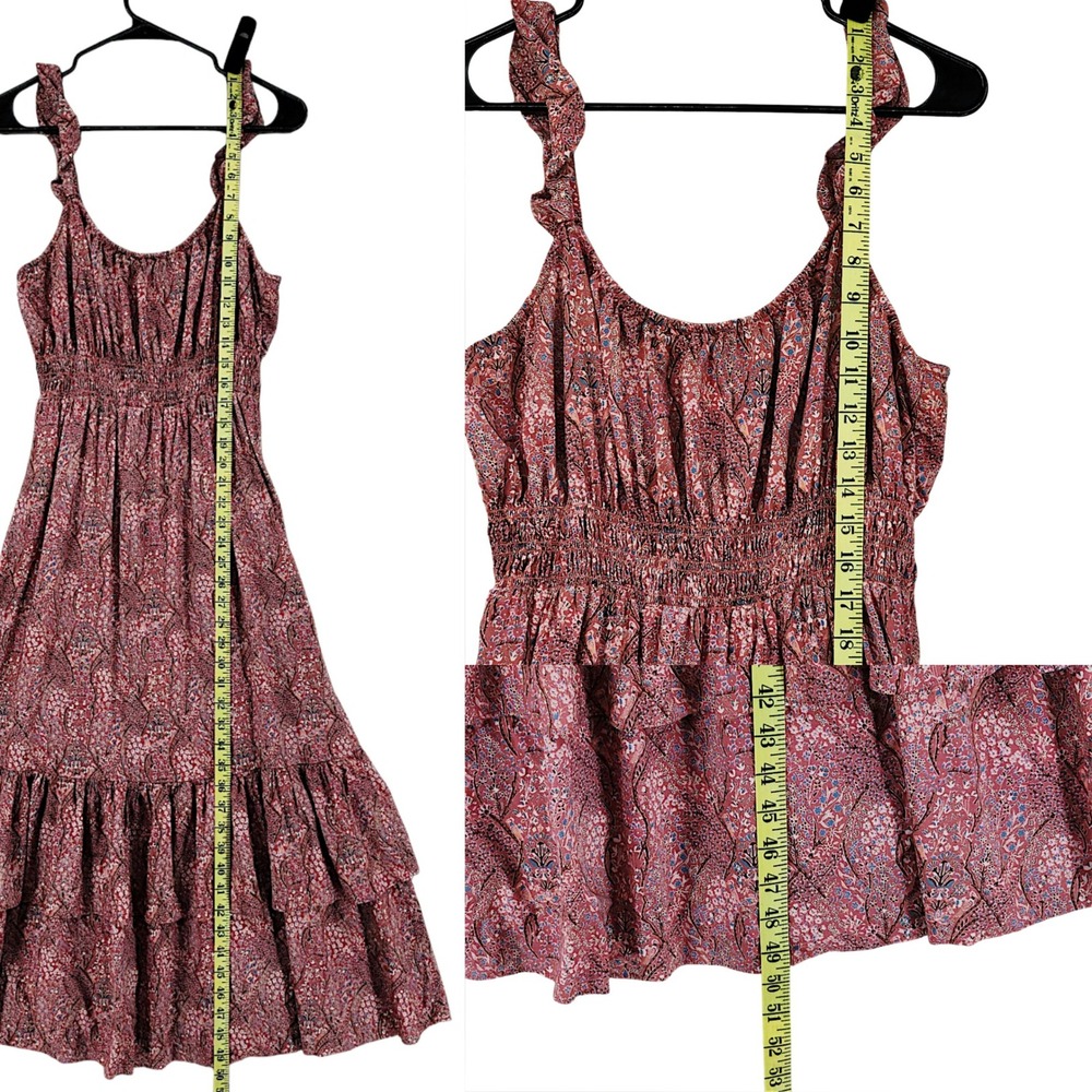 PAIGE Tiered Maxi Dress M Brick Red Multi Floral Smocked Ruffle Festival Prairie - Picture 5 of 13